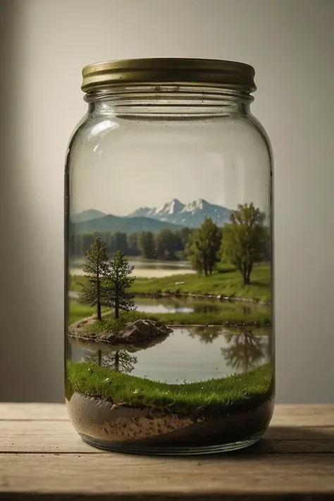 close-up a landscape jar (pond, grass, tree), shelf in the basement, soft bounced lighting, <lora:landscape_jar:0.7> landscape, jar