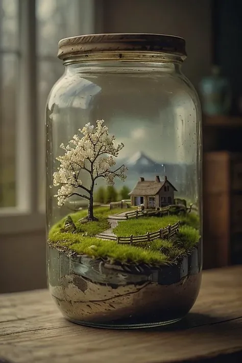 close-up a landscape jar (river, house, tree), shelf in the living room, soft natural lighting, <lora:landscape_jar:0.9> landscape, jar