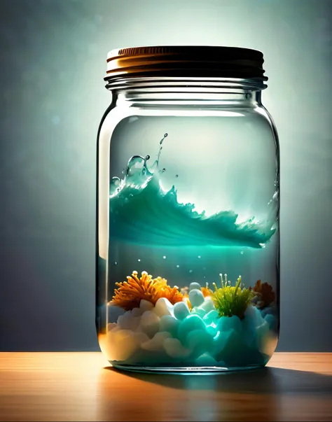 photo landscape jar a glass jar tilted angle containing ocean large waves surf canon 4d, 4k high quality, high resolution, cinematic lighting, volumetric lighting, specular highlights bounce lighting BREAK (background bokeh blank:1.5), <lora:landscape jar:1>