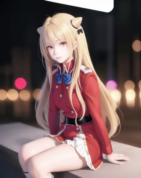 Terakomari cone hair bun uniform, (hyper realistic:1.1), (ultra details:1.1), (8K resolution:1.1), solo, 1girl, military uniform, red dress, photorealistic, high quality, depth of field, looking at viewer, beautiful red eyes, straigt-on, bokeh, cinematic lighting, sunshine, buttons, skirt, sitting, 
<lora:hikikomri-06-loha-bundle-30000:1:1:lbw=1,0,0,0,0,0,0,0,0,0,0,0,0,0,0,0,0,1,1,1,1,1,0,0,0,0>, <lora:NeverEndingDream:1>, <lora:Gini_S2:0.4>