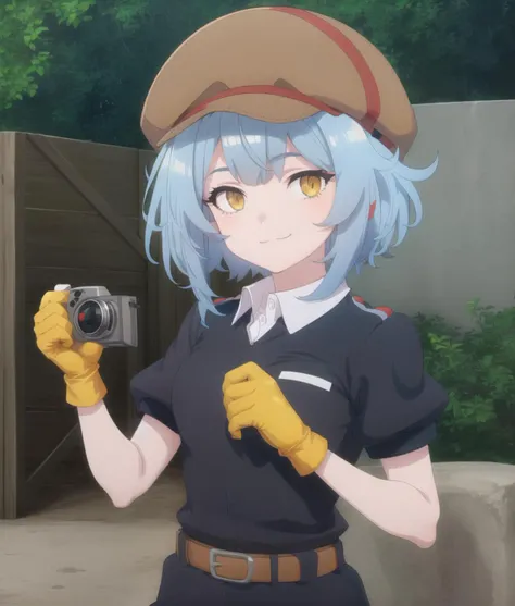 Melca,1girl,looking at viewer,beautiful yellow eyes,smile,closed mouth,jacket,outdoors,collared shirt,belt,puffy short sleeves,black pants,single glove,cabbie hat,holding camera  ,<lora:hikikomari_ep0102_lohad8_attn-mlp-step00030000:1>,