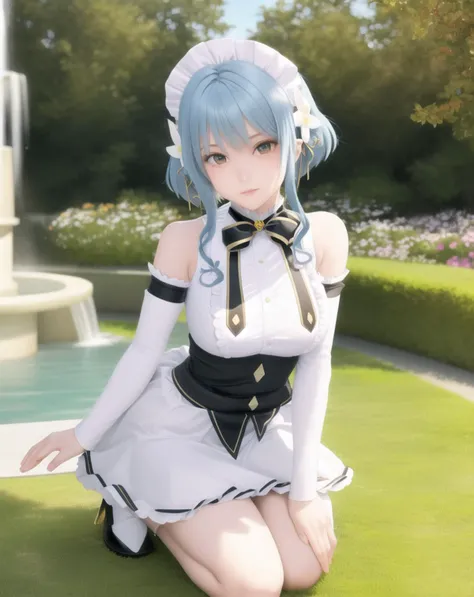 Villhaze, maid headdress, detached sleeves, bare shoulders, (hyper realistic:1.1), (ultra details:1.1), photorealistic, (8K resolution:1.1), solo, 1girl, high quality, looking at viewer, beautiful red eyes, straigt-on, sunshine, skirt, blue bow, fountain, outdoors, depth of field, kneeling, garden, 
<lora:hikikomri-06-loha-bundle-30000:1:1:lbw=1,0,0,0,0,0,0,0,0,0,0,0,0,0,0,0,0,1,1,1,1,1,0,0,0,0>, <lora:NeverEndingDream:1>, <lora:Gini_S2:0.4>