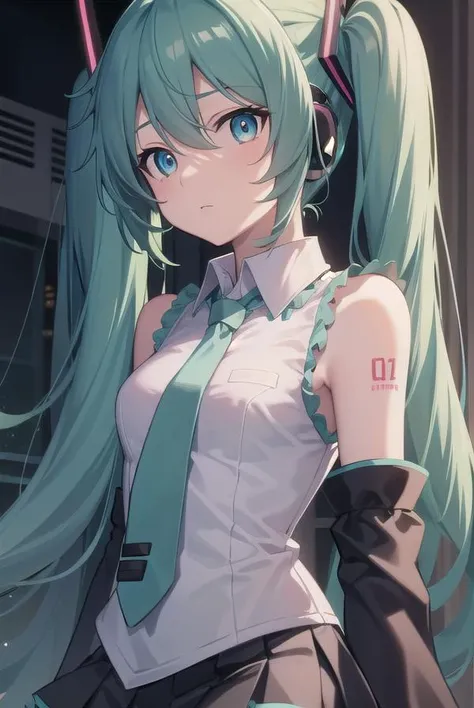 hatsunemiku, <lora:mikuhatsunetest:1>,
miku hatsune, ahoge, aqua eyes, aqua hair, crossed bangs, hair between eyes, hair ornament, headphones, long hair, twintails,
BREAK aqua necktie, black footwear, black skirt, black sleeves, boots, collared shirt, detached sleeves, grey shirt, necktie, pleated skirt, shirt, skirt, sleeveless, sleeveless shirt, thigh boots, tie clip,
BREAK looking at viewer,
BREAK outdoors, city,
BREAK <lyco:GoodHands-beta2:1>, (masterpiece:1.2), best quality, high resolution, unity 8k wallpaper, (illustration:0.8), (beautiful detailed eyes:1.6), extremely detailed face, perfect lighting, extremely detailed CG, (perfect hands, perfect anatomy),