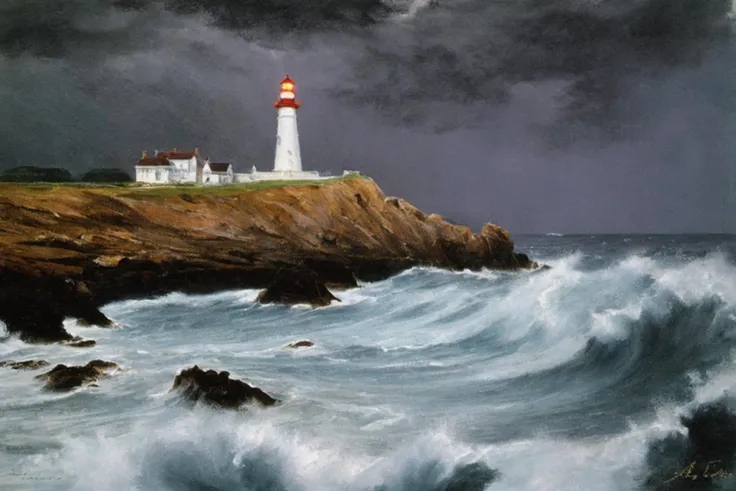 oil painting of a lighthouse in a stormy night, light rays <lora:fechin:1.0>