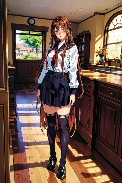 (masterpiece:1.2), (best quality), (intricate details), (realistic), (vivid_colors), (sharp), realistic lighting, realistic skin details, looking at viewer, full body shot,
takeda hiromitsu style, fechin, oil painting,
aaasuna, long hair, brown hair, braid, brown eyes, ((small hips)), slim, slender, fit, luscious lips, red lips, (full face blush:1.2), ((ear blush)), ((nose blush)), thighs,
school uniform, shirt, micro skirt, thighhighs, choker,
(horny:1.3), standing, doing laundry,(seductive:1.2), panty peek,
interior, school, classroom,
<lora:asuna_(sao)_v1:0.7> <lora:detail_slider_v4:1> <lora:zoom_slider_v1:-5> <lora:takeda:0.8> <lora:fechin:0.7> <lora:hair_length_slider_v1:3>