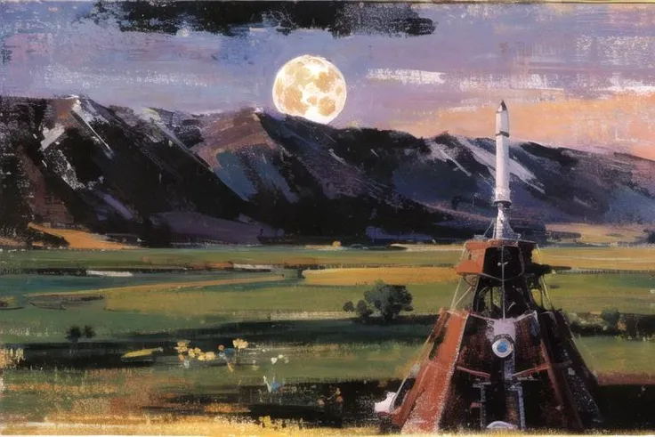 1970s \(style\), 1980s \(style\), soviet cosmonaut, aurora, constellation, crescent moon, desert, dusk, dust, fireflies, full moon, galaxy, light particles, retro artstyle, rocket, science fiction,
soviet, soviet flag,
Fechin,oil painting,IMPRESSIONISM
<lora:fechin:1>