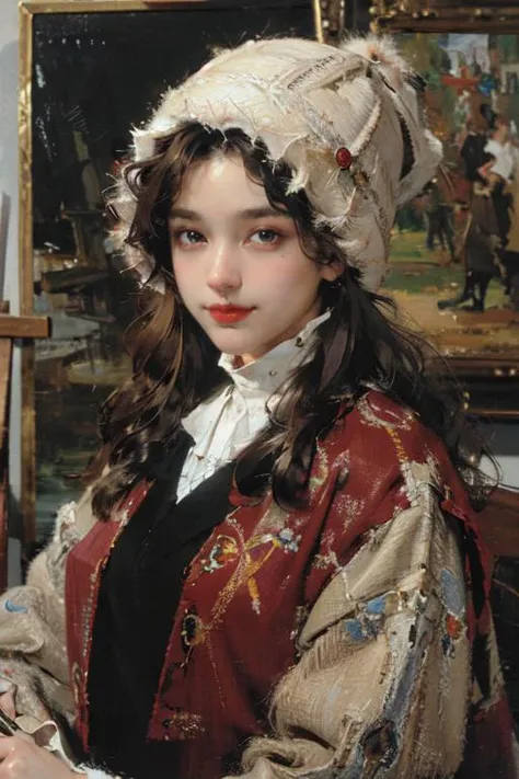 masterpiece, best quality, ultra detail, Depth-Of-Field, ultra high res, sharp focus, photorealistic, RAW photo,
1 girl, exquisitely detailed skin, (smile:0.6), Bright maroon winter coat, wool hat, fechin, (oil painting:1.2), <lora:fechin:1>, wood house,
cinematic light, rim lighting, deep shadow,