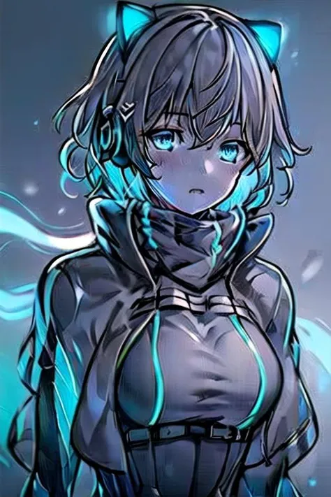 glowing,glowart,(highly detailed), (realistic), bright, deep shadows, dynamic light,glowart, ((masterpiece)), best quality, (ultra-detailed:1.2), ((illustration)),
1girl,icey,silver hair ,blue eyes,headphones, messy hair, short hair,medium breasts,factory, machinery, electricity, blue lightning,blue energy,