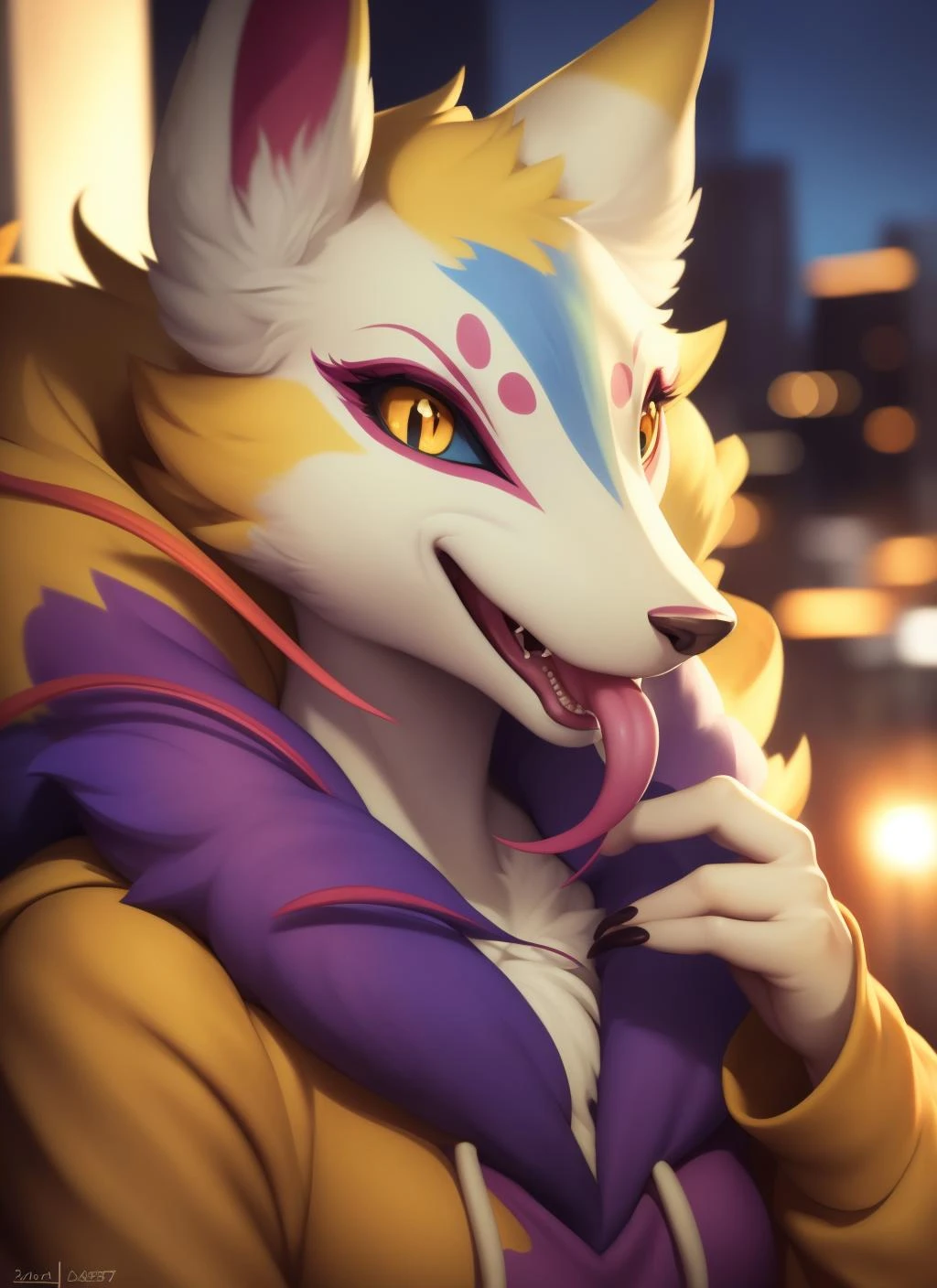 kyubi, furry female anthro, fox girl, portrait, close-up, (hoodie:1.2), fur trim, solo, (body fur:1.2), (best quality), (detailed urban background:1.2), dramatic lighting, (detailed fluffy fur:1.1), looking at viewer, long sleeves, mouth, <lora:kyubi-v1:1>