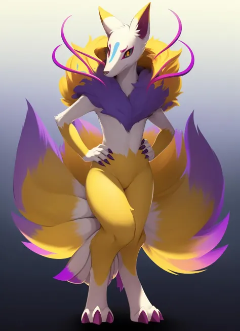 kyubi, furry, kyuubi, (multiple tails:1.2), tail raised, standing, portrait, hand on hip, solo, (body fur:1.2), (feet:0.9), (best quality), (gradient background:1.2), dramatic lighting, (detailed fluffy fur:1.1), looking at viewer,  no mouth, <lora:kyubi-v1:1>