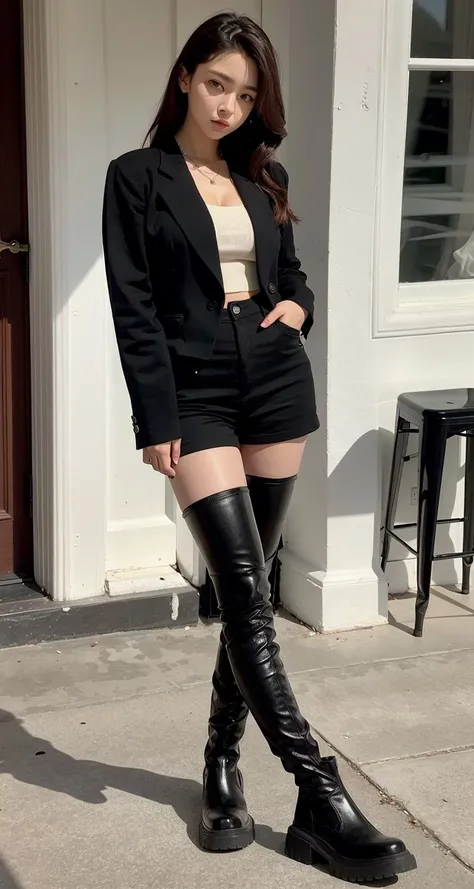 dynamic angle, full body, wide shot, best quality, ultra high res, (photorealistic:1.4), 1girl, fashion, white collared shirt, black shorts, black jacket, (ulzzang-6500:0.8), (black tights:1), (black pantyhose:1.4), sugar_botz, <lora:SUGARV2-000008:0.7>