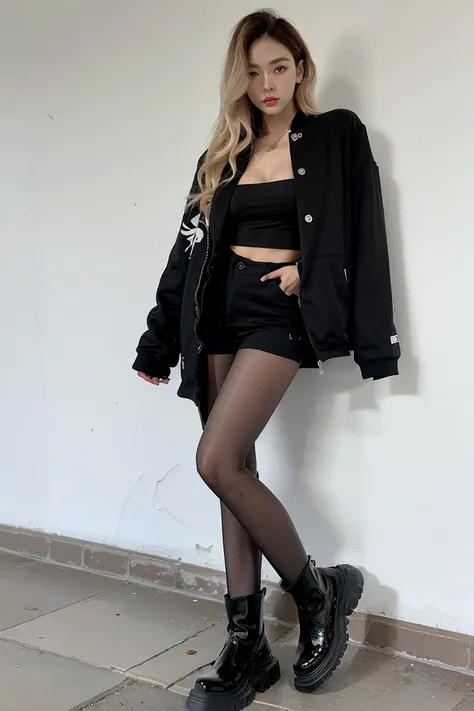 dynamic angle, full body, wide shot, best quality, ultra high res, (photorealistic:1.4), 1girl, fashion, white collared shirt, black shorts, blonde hair, black jacket, (black tights:1), (black pantyhose:1.4), sugar_botz, <lora:SUGARV2:0.85>, <lora:koreanGalLoconLora_1:0.6>