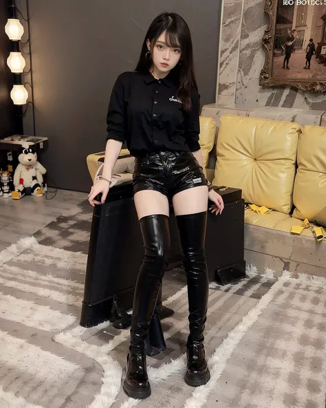 dynamic angle, full body, wide shot, best quality, ultra high res, (photorealistic:1.4), 1girl, solo, fashion, white collared shirt, black shorts, blonde hair, black jacket, (black tights:1.4), sugar_botz, black patent leather thigh boots, <lora:SUGARV2-000008:0.6>, <lora:futuaner_V1:0.85>, futuaner,