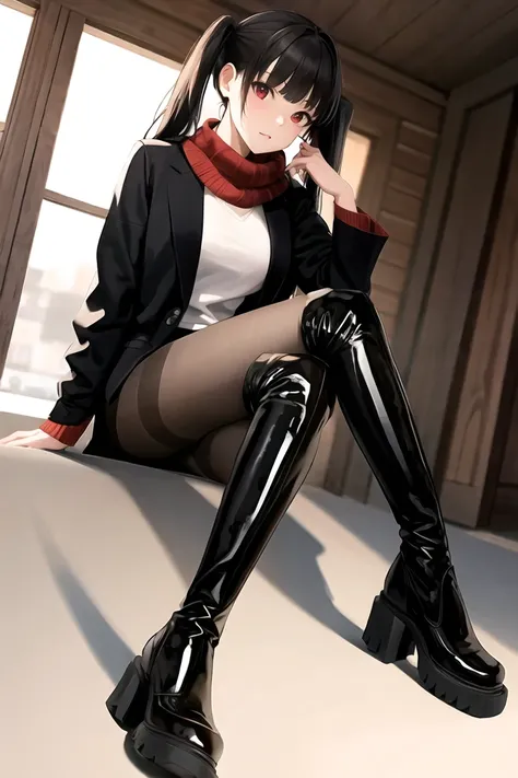 full body, wide shot, dynamic angle, absurdres,original,extremely delicate and beautiful,beautiful detailed eyes and face,1girl, sitting, crossed legs, black_hair, twintails,  looking_at_viewer, solo,(masterpiece:1.4),(best quality:1.4), sweater, open jacket, pencil skirt, scarf, medium breasts, red eyes, very long hair, (black pantyhose:1.2), blunt bangs, black leather thigh boots, sugar_botz, <lora:SUGARV2-000008:0.65>