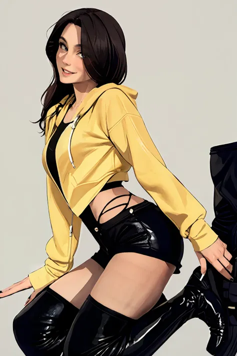 (masterpiece:1.2), 1milf, mature female, solo, smile, black hair, braid, hoodie, black short shorts, black tights, pantyhose, black leather thigh boots, day, looking at viewer, sugar_botz, <lora:SUGARV2:1>