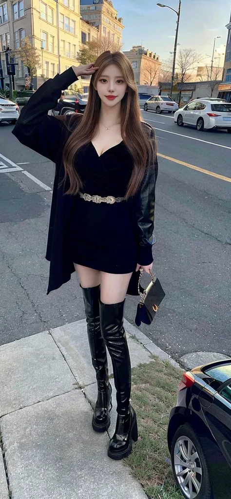 from below,looking at viewer, tall girl,a girl has a pair of long legs,sugar_botz, black leather thigh boots, a woman wearing a blue pencil_dress with a belt,<lora:koreanDollLikeness_v15:0.7>,<lora:jjy:0.35>,<lora:japaneseDollLikeness_v10:0.2>, <lora:taiwanDollLikeness_v10:0.2>,office lady,(raw photo:1.2),((photorealistic:1.4))best quality ,(1girl:1.2),sexy,masterpiece,(full body:1.5),illustration, an extremely delicate and beautiful, extremely detailed ,CG ,unity ,8k wallpaper, Amazing, finely detail, masterpiece,best quality,official art,extremely detailed CG unity 8k wallpaper,absurdres, incredibly absurdres, huge filesize, ultra-detailed, smile, pose,small areolae,hair ornament,warm light,instagram, (standing:1.2),( night,city,street),(170cm:1.5),(tall:1.5), (slim:1.2),(long legs:1.5),(long hair:1.2),(standing:1.3),ulzzang-6500-v1.1, <lora:sugarDABOOTS_v20:0.6>