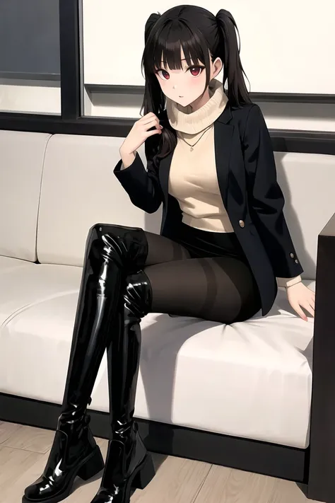 full body, wide shot, dynamic angle, absurdres,original,extremely delicate and beautiful,beautiful detailed eyes and face,1girl, sitting, crossed legs, black_hair, twintails, looking_at_viewer, solo,(masterpiece:1.4),(best quality:1.4), sweater, open jacket, pencil skirt, scarf, medium breasts, red eyes, very long hair, (black pantyhose:1.2), blunt bangs, black leather thigh boots, sugar_botz, <lora:SUGARV2-000008:0.65>
