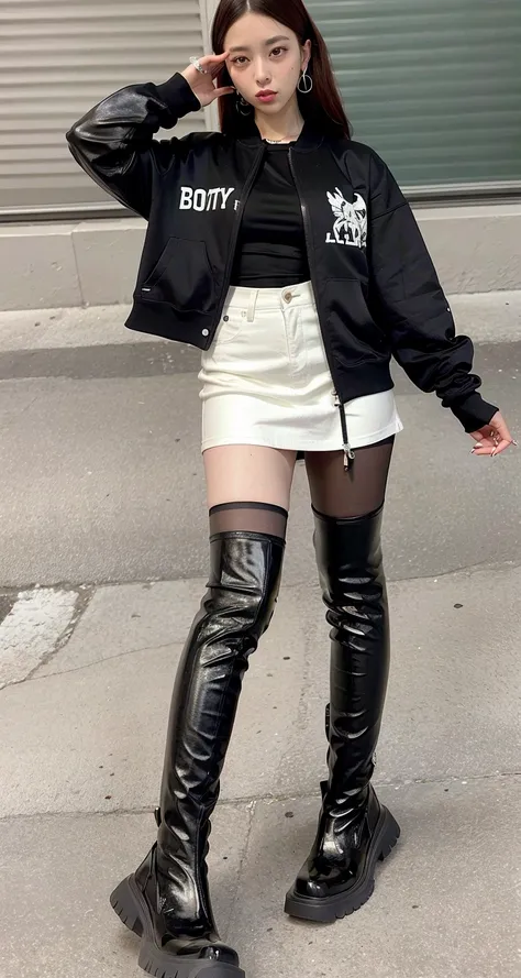 dynamic angle, full body, wide shot, best quality, ultra high res, (photorealistic:1.4), 1girl, fashion, white collared shirt, black shorts, black jacket, (ulzzang-6500:0.8), (black tights:1), (black pantyhose:1.4), sugar_botz, <lora:SUGARV2:0.85>