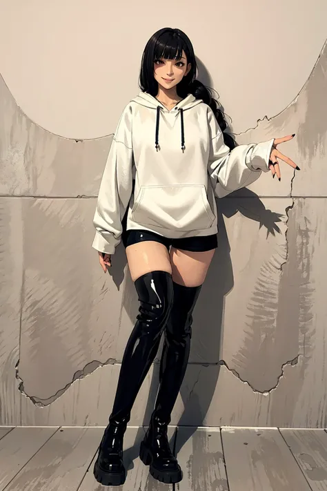 full body, wide shot, (masterpiece:1.2), 1girl, mature female, solo, seductive smile, black hair, long hair, blunt bangs, braid, white hoodie, black short shorts, black tights, pantyhose, black leather thigh boots, day, standing, looking at viewer, sugar_botz, <lora:SUGARV2:0.85>