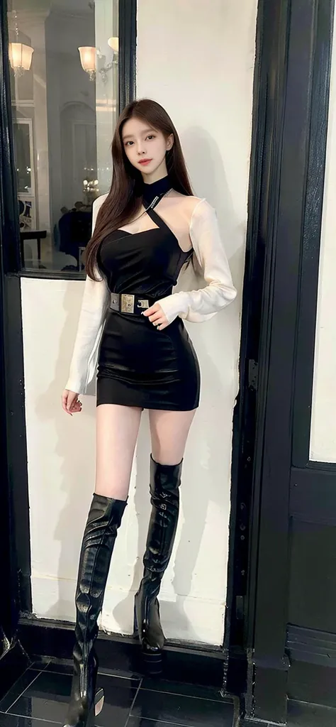 from below,looking at viewer, tall girl,a girl has a pair of long legs,sugar_botz, black leather thigh boots, pencil_dress, wearing a pencil_dress, a woman wearing a blue pencil_dress with a belt,<lora:koreanDollLikeness_v15:0.7>,<lora:jjy:0.35>,<lora:japaneseDollLikeness_v10:0.2>, <lora:taiwanDollLikeness_v10:0.2>,kpop idol,(raw photo:1.2),((photorealistic:1.4))best quality ,(1girl:1.2),sexy,masterpiece,(full body:1.5),illustration, an extremely delicate and beautiful, extremely detailed ,CG ,unity ,8k wallpaper, Amazing, finely detail, masterpiece,best quality,official art,extremely detailed CG unity 8k wallpaper,absurdres, incredibly absurdres, huge filesize, ultra-detailed, smile, pose,small areolae,hair ornament,warm light,instagram, (standing:1.2),( night,city,street),(170cm:1.5),(tall:1.5), (slim:1.2),(long legs:1.5),(long hair:1.2),(standing:1.3),ulzzang-6500-v1.1, <lora:sugarDABOOTS_v20:0.6>