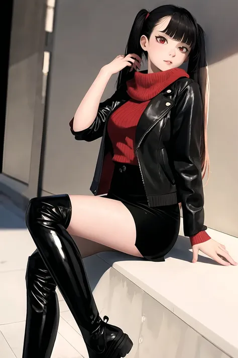 dynamic angle, absurdres,original,extremely delicate and beautiful,beautiful detailed eyes and face,1girl, black_hair, twintails, looking_at_viewer, solo,(masterpiece:1.4),(best quality:1.4),black leather thigh boots, sweater, open jacket, pencil skirt, scarf, medium breasts, red eyes, very long hair, black pantyhose, blunt bangs, sugar_botz, <lora:SUGARV2-000008:0.85>