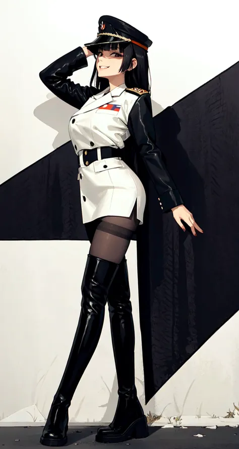 full body, wide shot, from below, from side, (masterpiece:1.2), 1girl, asian, korean, female, solo, evil smile, naughty face, south korean flag, black hair, long hair, blunt bangs, hime cut, military uniform, military hat, black tights, pantyhblack leather thigh boots, day, standing, crossed legs,looking at viewer, sugar_botz, <lora:sugarDABOOTS_v20:0.65>