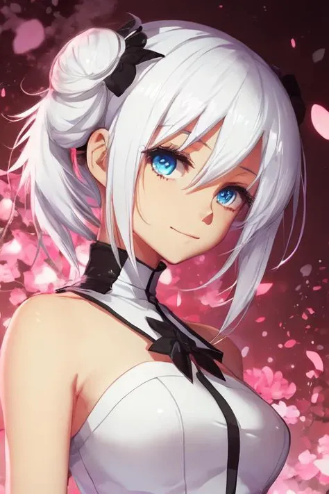 1girl,anime,cartoon,white hair,dress,upper body, masterpiece,best_quality,black background, <lora:ASK-000004:1>