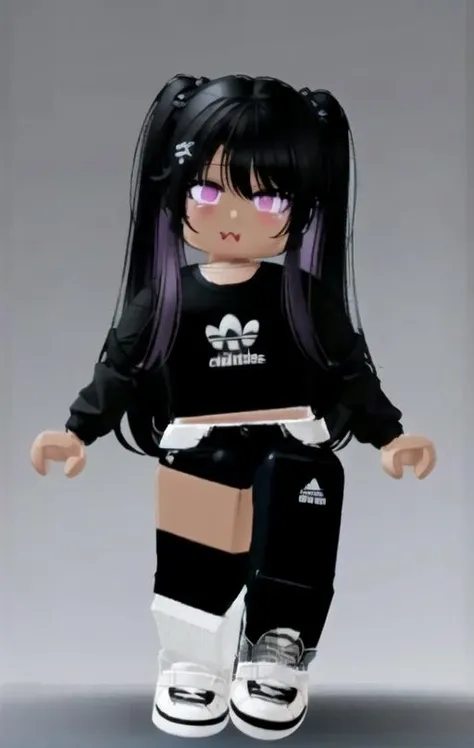 (ultra-detailed, absurdres, highres, extremely detailed, masterpiece, best quality, R0BLOX), <lora:RobloxTrainingV2-10_1+RobloxTrainingV3-10_1 :0.4>, 1girl, black adidas shirt, white shorts, converse shoes, brown skin, pastel purple hair,