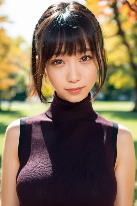 (highest quality、Tabletop、8k、Best image quality、Award-winning works)、1 girl、(The perfect navy sleeveless turtleneck knit sweater dress:1.5)、(The perfect sleeveless turtleneck knit:1.3)、Straight long hair、Look at me with your best smile、(Very large breasts bigger than a face:1.95)、A fitted knit dress、(Accentuate your body lines:1.45)、(Attractive body:1.42)、(Glamorous figure:1.32)、(Beautiful park background with strong blur:1.1)、The most natural and perfect beauty park、A perfectly maintained park、Standing Elegantly、A refreshing view、Natural Makeup、Ultra HD cute face、(Ultra High Resolution Perfect Teeth:1.1)、Ultra HD Hair、Ultra-high definition sparkling eyes、(Ultra-high resolution glossy skin:1.1)、Ultra-high quality glossy lips、(Accurate anatomy:1.1)、(very bright and vivid:1.2)、(Bright and beautiful skin:1.3), ((Random poses of gravure models))