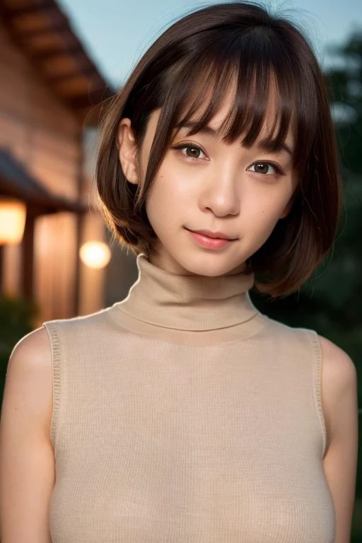 Best image quality, focus, soft light, , ((Japanese)), (sleeveless), (((front, young face))), (depth of field), super high resolution, (realistic: 1.4 ), RAW photo, (knit clothes), skirt, masterpiece, highest quality, (photoreal), woman, smile, bangs