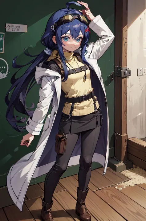 <lora:[GP]Yaya hiyayaka style:1>  dynamic pose, (goggles on head:1.2),, ultra detailed, masterpiece, best quality, aesthetic, detailed,, solo, soft smile, light smile, 1girl, aqua eyes, black hair, <lora:low_ponytail-1.0:0.95> low ponytail, ahoge, absurdly long hair, very long hair, hair flaps, hair between eyes, bangs, messy hair, small breasts, (goggles on head:1.1),, hooded coat, open coat, turtleneck, pants, black knee boots, multiple straps, white coat, layered clothes, hair ribbon, pants under skirt,