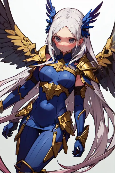 <lora:[GP]Yaya hiyayaka style:1>, ultra detailed, masterpiece, best quality, aesthetic, detailed,, serious, 1girl, (white eyes:1.1), (grey eyes:1.3), white hair, very long hair, parted hair, parted bangs, <lora:parted_hair_v1.3:1.3>, medium breasts,, valkyrie, (bodysuit:1.1), pink wing hair ornament, grey armored skirt, black bodysuit, armor, gauntlets, pink breastplate, greaves, armored dress, pink hues,