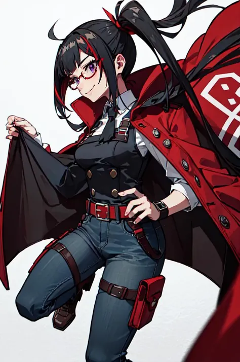 <lora:Mtentacles:0.85> Mechanical_tentacles, cowboy shot, straight-on,, ultra detailed, masterpiece, best quality, aesthetic, detailed,, solo, smug smile, 1girl, purple eyes, red-framed eyewear, (black hair, red colored tips:1.2), red streaked hair, very long hair, side ponytail, tied hair, medium breasts,, <lora:StS-Coat-and-Jacket-On-Shoulders-Iteration2:0.7> dataset, jacket on shoulders, coat on shoulders, red dress, sleeves rolled up, fingerless gloves, holster, belt, multiple belts, combat boots, bulletproof vest, pants, black coat, tactical clothes,
