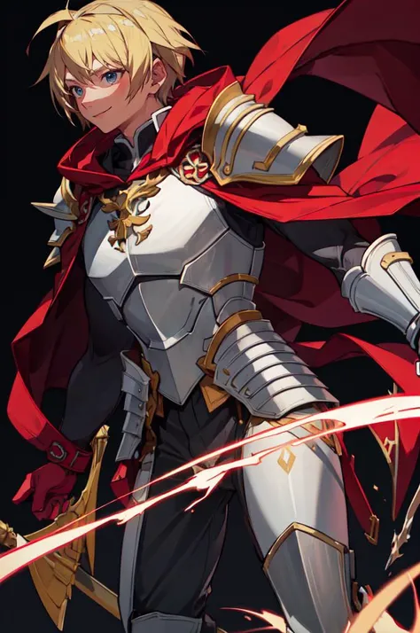 <lora:[GP]Yaya hiyayaka style:1>  dynamic pose, red theme, phoenix,, ultra detailed, masterpiece, best quality, aesthetic, detailed,, solo, smile, 1boy, blue eyes, medium blonde hair, parted bangs, hair intakes, male focus, muscular male,, armor, pauldrons, cuirass, gauntlets, waist cape, greaves, black bodysuit, surcoat, shoulder sash, wing shoulder armor, cape, pants,