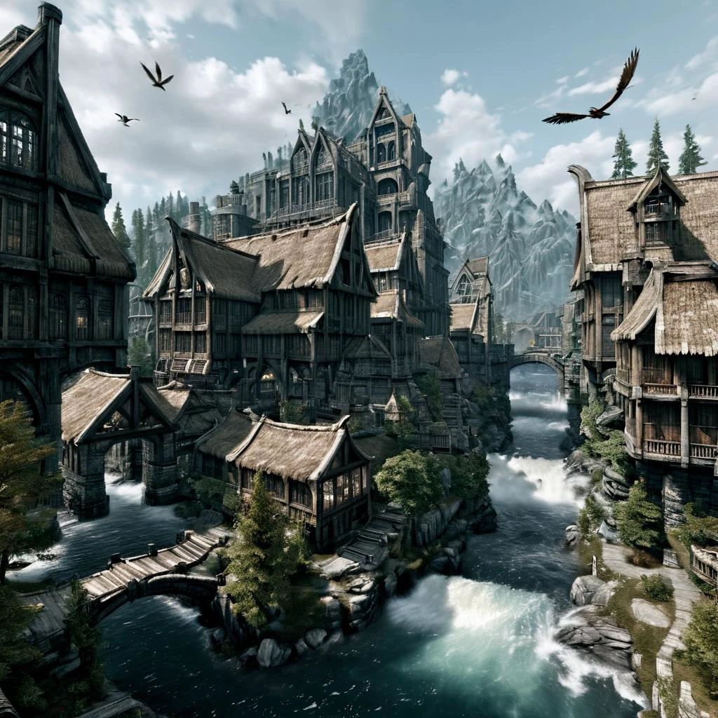 Masterpiece,absurd resolution,8k,high resolution,
<lora:SkyrimLandscapes:0.8>,
skyrimlandscapes, scenery, no humans, outdoors, sky, bird, building, cloud, water, tree, architecture