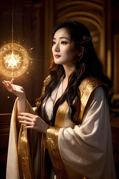 yangmi  <lora:yangmi_mj7_5g:0.6> ,masterpiece,official art,unity 8k wallpaper,ultra detailed,beautiful and aesthetic,best quality,intricate details,highres, <lora:more_details (1):0.8> <lora:epi_noiseoffset2 (1):0.8> a cosplayer dressed as a powerful sorceress, donning a flowing robe, adorned with mystical symbols and accessories, casting a spell