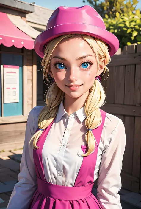 (masterpiece, best quality), 1girl, <lora:DBGT_Marron_v1:0.8> marron, 1girl, solo, smile, blue eyes, blonde hair, long hair, low twintails,, hat, pink headwear,, white shirt, long sleeves, pink dress,