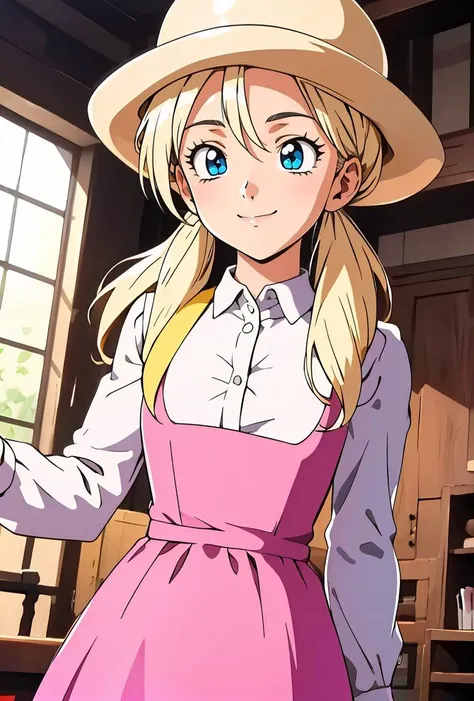 (masterpiece, best quality), 1girl, <lora:DBGT_Marron_v1:0.8> marron, 1girl, solo, smile, blue eyes, blonde hair, long hair, low twintails,, hat, pink headwear,, white shirt, long sleeves, pink dress,