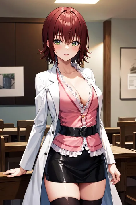 masterpiece, best quality, highres, aaryouko, short hair, cleavage, pink shirt, labcoat, belt, miniskirt, black skirt, black thighhighs, <lora:mikado_ryouko_v1:0.7>, indoors, standing, cowboy shot,