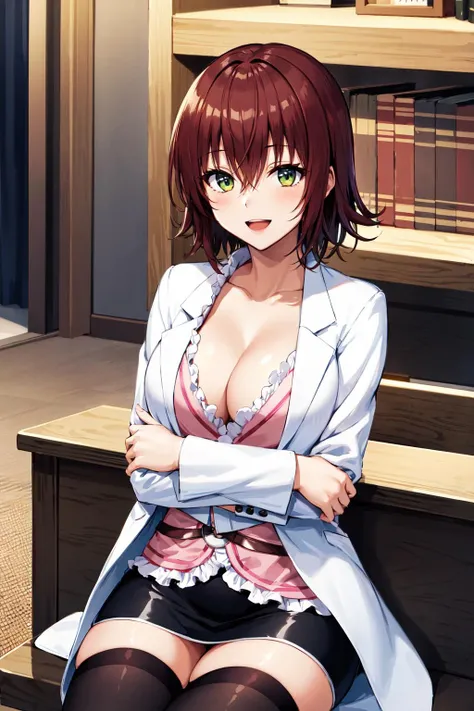masterpiece, best quality, highres, aaryouko, short hair, cleavage, pink shirt, labcoat, belt, miniskirt, black skirt, black thighhighs, <lora:mikado_ryouko_v1:0.7>, indoors, sitting, chair, smile, open mouth,
