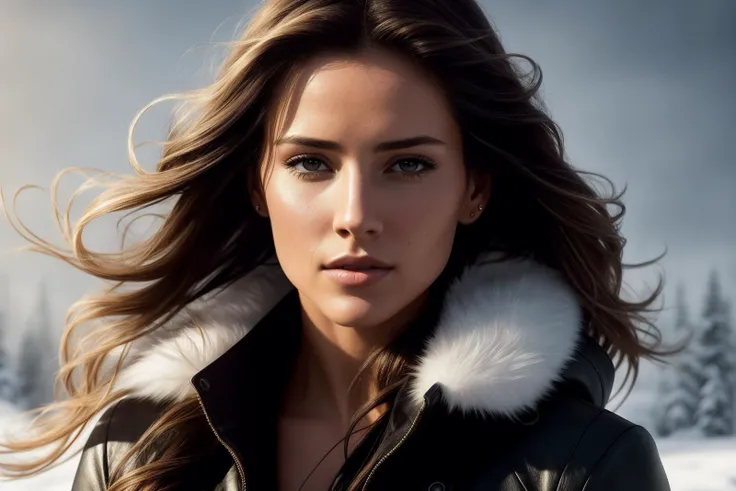 masterpiece, best quality, cinematic photo, NewLaraCroftV2, pronounced feminine features, sexy winter coat, wavy blonde hair, modern style, (8k, epic composition, photorealistic, sharp focus), winter elaborate background, dslr, intricate details, fine details, backlight, round pupil