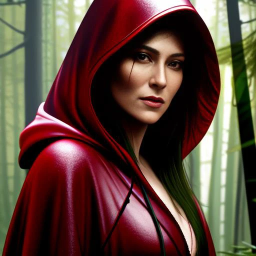 close-up portrait of NewLaraCroft in a forest, (backlight), realistic, masterpiece, highest quality, ((red hooded cloak)), ((scared )), lens flare, shadow, bloom, (( flashes of light)), [chromatic aberration], by Jeremy Lipking, by Antonio J. Manzanedo, by (Alphonse Mucha), digital painting