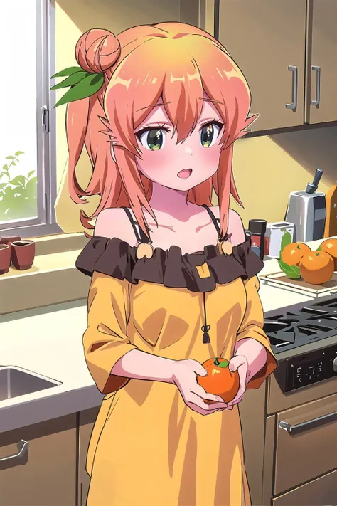 hinatsuki mikan, open mouth, holding fruit, fruit, orange (fruit), holding, collarbone, simple background, shirt, upper body, indoors, kitchen <lyco:hinatsuki_mikan-v3:1.0>