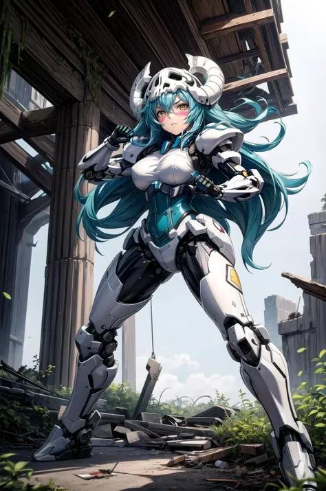 (masterpiece, best quality, detailed), 1girl, solo, nelliel tu odelschwanck, green hair, long hair,skull,yellow eyes, facial mark,
<lora:mecha_offset:1> mecha musume,mechanical parts, robot joints,single mechanical arm, headgear, mecha corset, full armor, ruins, overgrown, rubble, pillar, outdoors, building, light rays, fog, fighting stance, (clenched hands), legs apart, serious