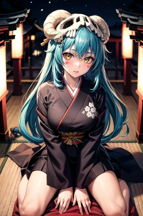 (masterpiece, best quality, detailed), 1girl, solo, nelliel tu odelschwanck, green hair, long hair,skull,yellow eyes, facial mark,
(samurai), japanese armor, kusazuri, sode, kote, sheath, japanese clothes, hakama, outdoors, night, torii, shrine, east asian architecture, wariza, hand between legs, from above, parted lips