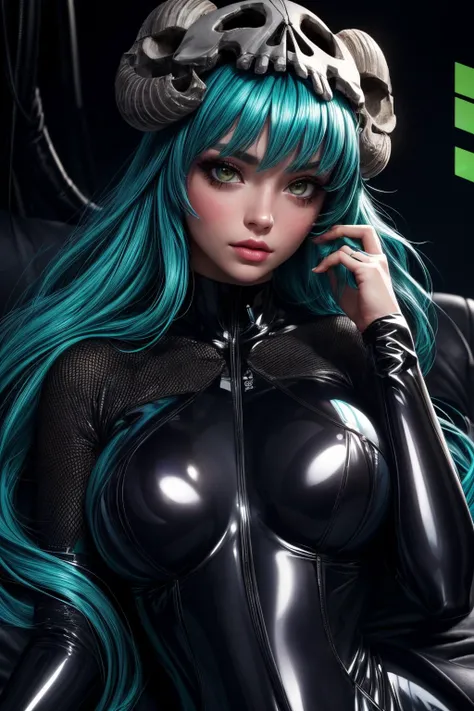 (ultra realistic,32k,RAW photo:1.1),(high detailed skin:1.1), 8k uhd, dslr, high quality, film grain, (makeup, mascara:1.1), lips,(thick\lips\),
(shiny glossy translucent clothing:1.1), <lora:nelliel_tu_odelschwanck:0.7>nelliel tu odelschwanck, green hair, long hair,skull,(yellow eyes:0.75), skull headwear,, <lora:add_detail:1>,
Lying with one hand under the chin,
(busty:1.1) , (chubby:0.1),(holographic:1.2),<lora:LowRA:0.4>, dark theme, neural interface testing facility, brain-computer interfaces, cognitive enhancements, neurological experiments