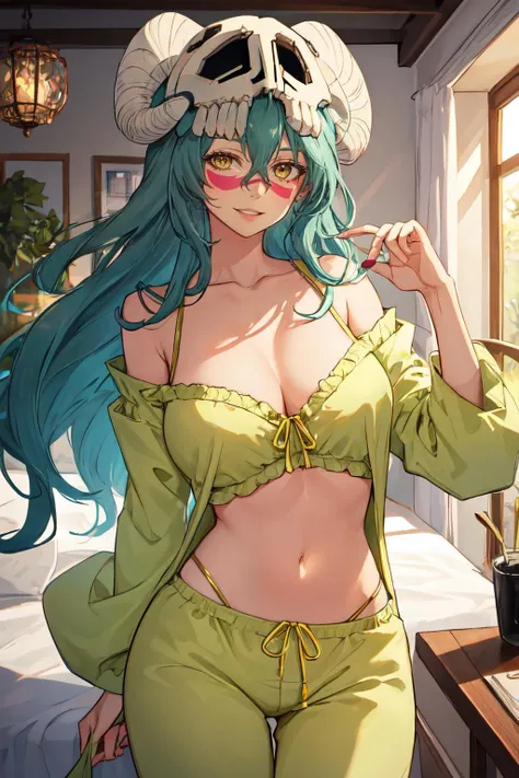 nelliel tu odelschwanck, green hair,yellow eyes, skull, face mark,large breasts,smile , parted lips, happy, loungewear<lora:nelliel_tu_odelschwanck:1>