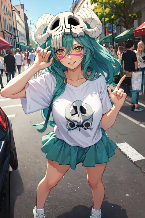 nelliel tu odelschwanck, green hair,yellow eyes, skull, face mark,large breasts,smile , parted lips, happy, Mini skirt, graphic t-shirt, white sneakers<lora:nelliel_tu_odelschwanck:1>