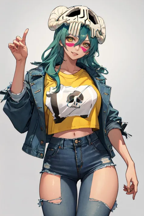 nelliel tu odelschwanck, green hair,yellow eyes, skull, face mark,large breasts,smile , parted lips, happy, High-waisted mom jeans, graphic t-shirt, denim jacket, white sneakers<lora:nelliel_tu_odelschwanck:1>