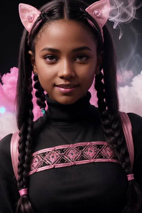 ((Black Theme, Black and Pink Backdrop:1.4)) (Close-Up Shot, Face Portrait:1.4) dark skin DV_Chani_Vicious (pigtails:1.4) (Brunette Hair:1.4) wearing (Blue Jeans and a Black sweatshirt :1.3), 35mm, F/2.8, ((Photo Focus, DOF, Aperture, insanely detailed and intricate, character, hypermaximalist, elegant, ornate, beautiful, exotic, revealing, appealing, attractive, amative, hyper realistic, super detailed, heresy flares)) (smiling at viewer:1.3) (volumetric pink smoke:1.3) (pink lens flare:1.2)(sharpness:1.3)(details:1.3)